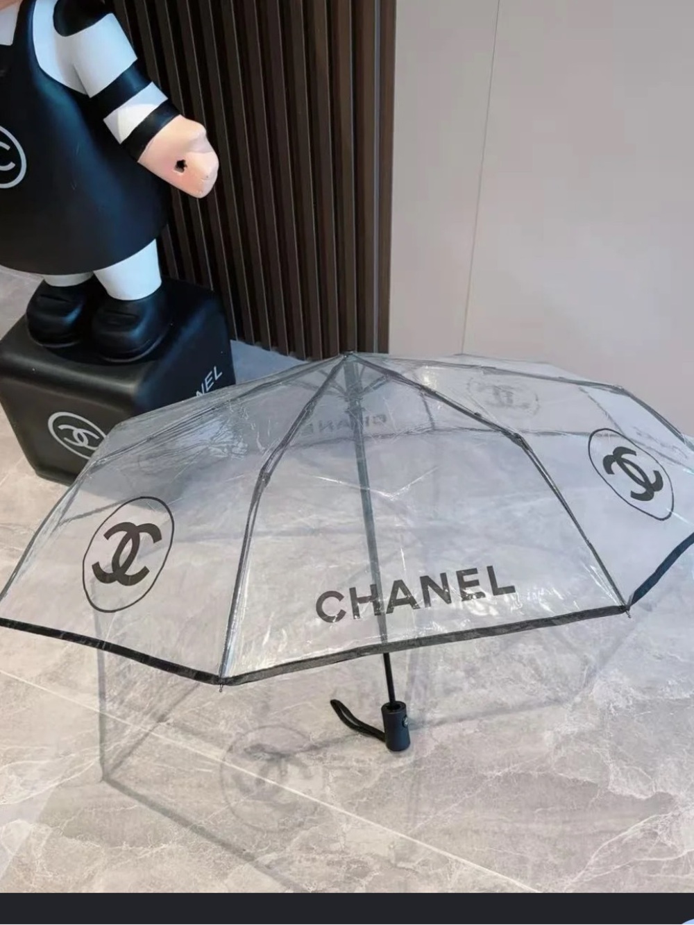CHANEL Clear Black-Trim Retractable Umbrella